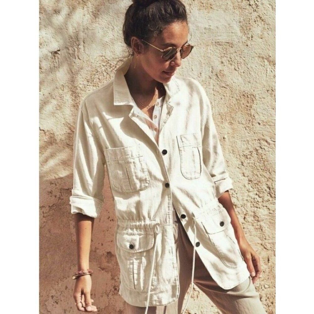 Faherty Larkspur Utility Jacket White Linen Blend Cargo Safari S